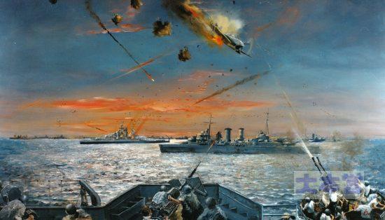 リンガエン湾での特攻を受けるアメリカ艦隊