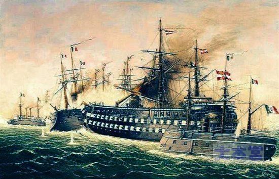 リッサ海戦、墺木造艦「カイザー」の衝角攻撃を退ける「レ・ディ・ポルトガロ」