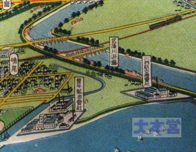 昭和11年の西宮市鳥観図、川西の工場