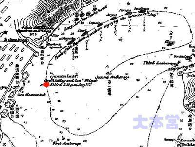 薩英戦争の英艦隊航跡、赤印で艦長戦死